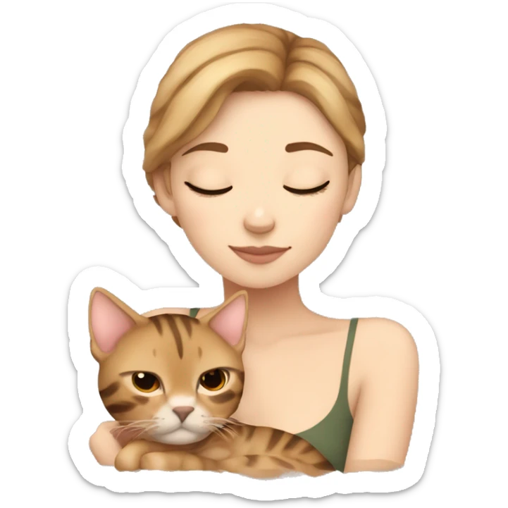 extremely light skin girl with light brown hair sleeping with cute bengal cat sticker