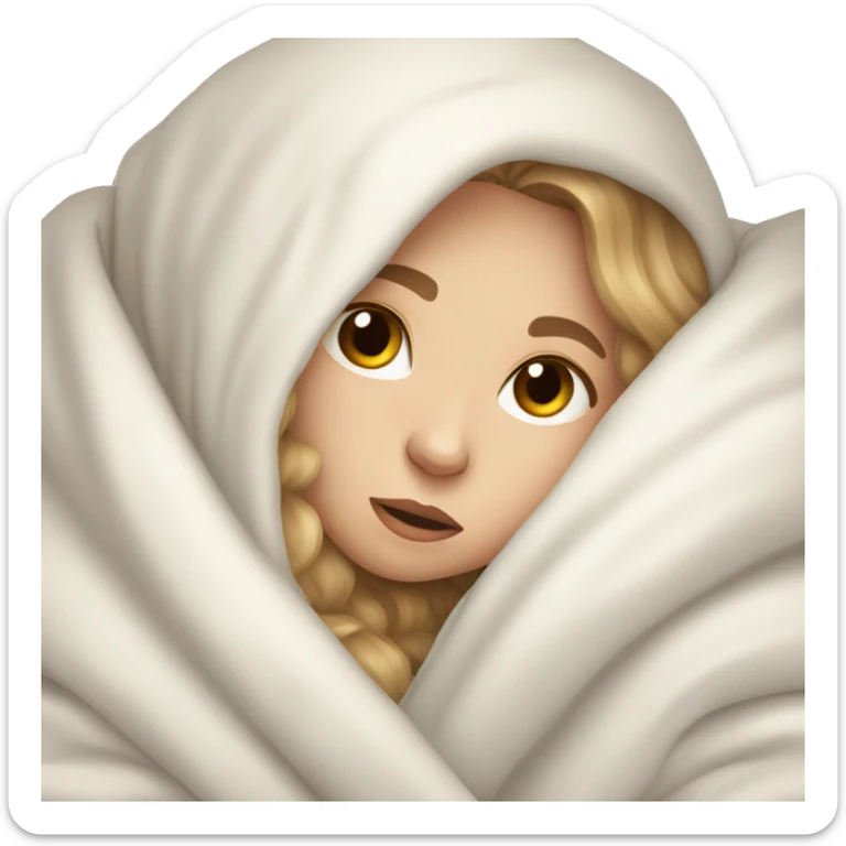 Pale Girl with light brown hair  laying down cozy in a white blanket sticker