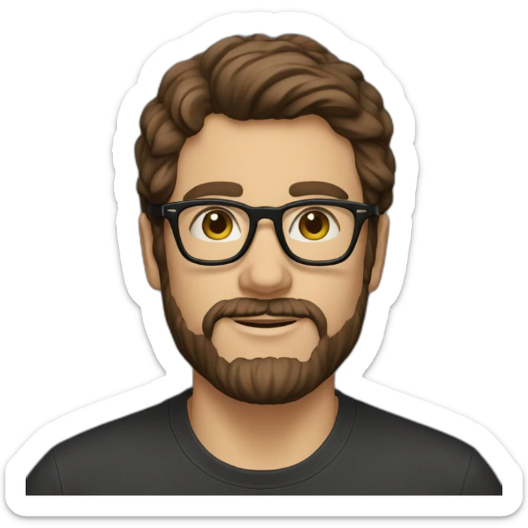 Brown hair with Persol glasses, 3-day beard, black t-shirt sticker