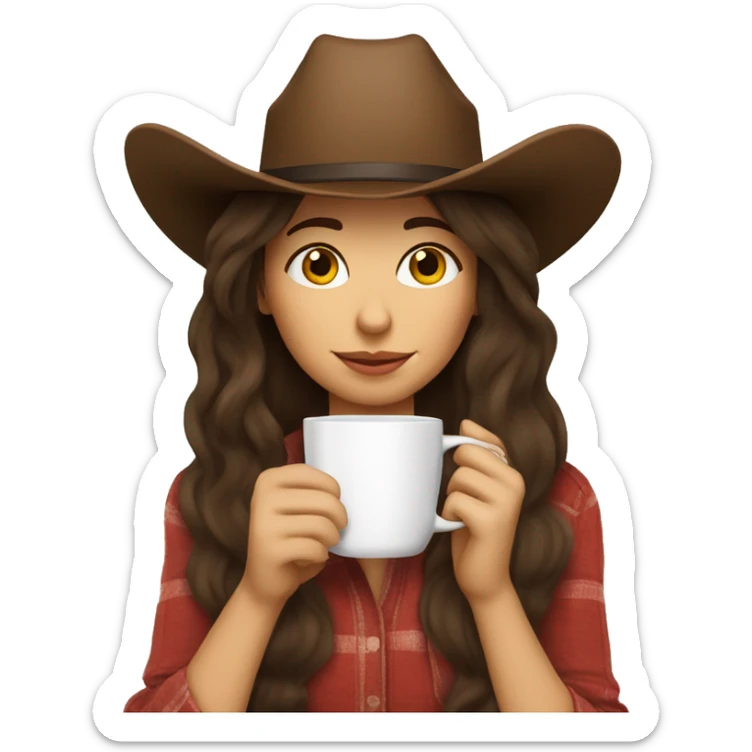Cozy cowgirl wearing a cowboy hat sipping coffee. Brunette long hair sticker