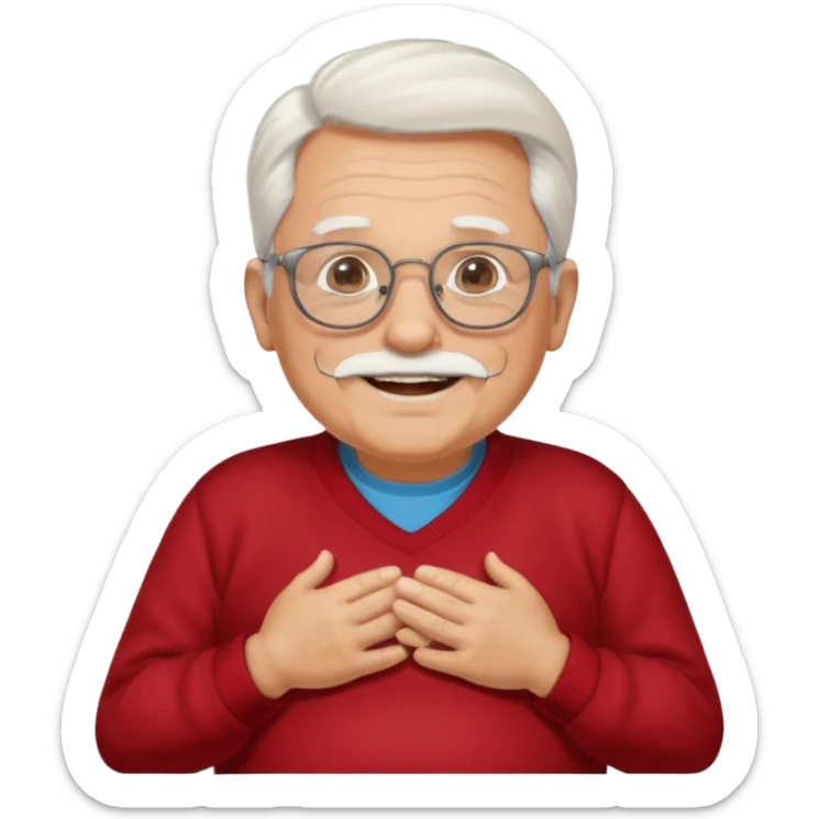old man with lots of white hair wearing thick glasses with go-tee with a big belly smiling sticker