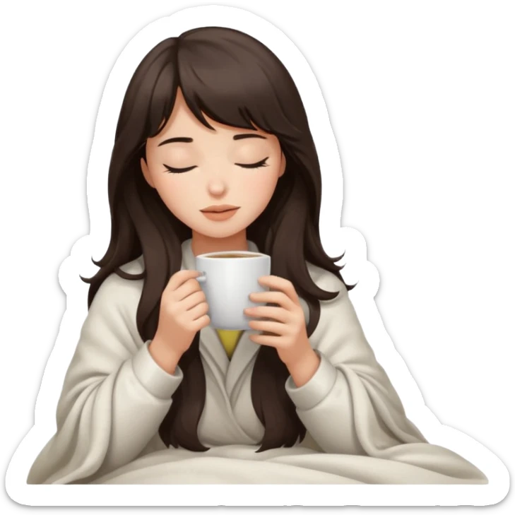 Dark brown wavy hair with straight bang girl inside a white blanket sipping coffee eyes closed sticker