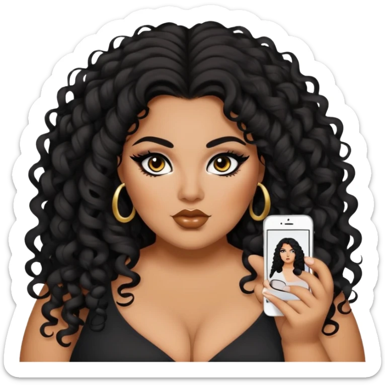 big plus size, darker tan skin, long black curly hair, baddie,pretty, makeup, black eyeliner, long hair sticker
