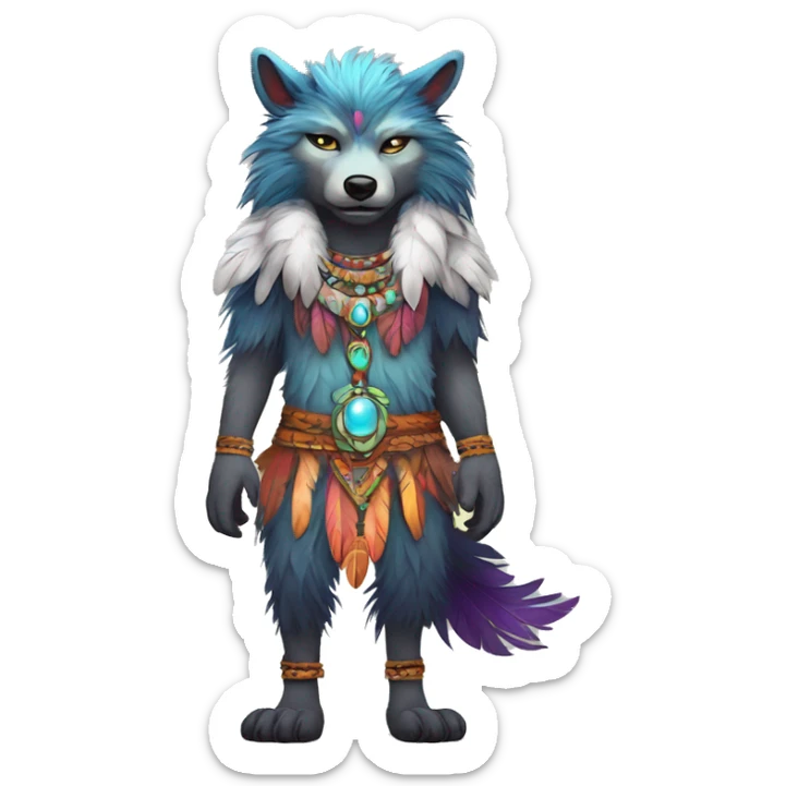Fluffy Colorful Shy Spiritual Shamanic WereWolf With Shiny Tribal Markings wearing feathers Full Body sticker