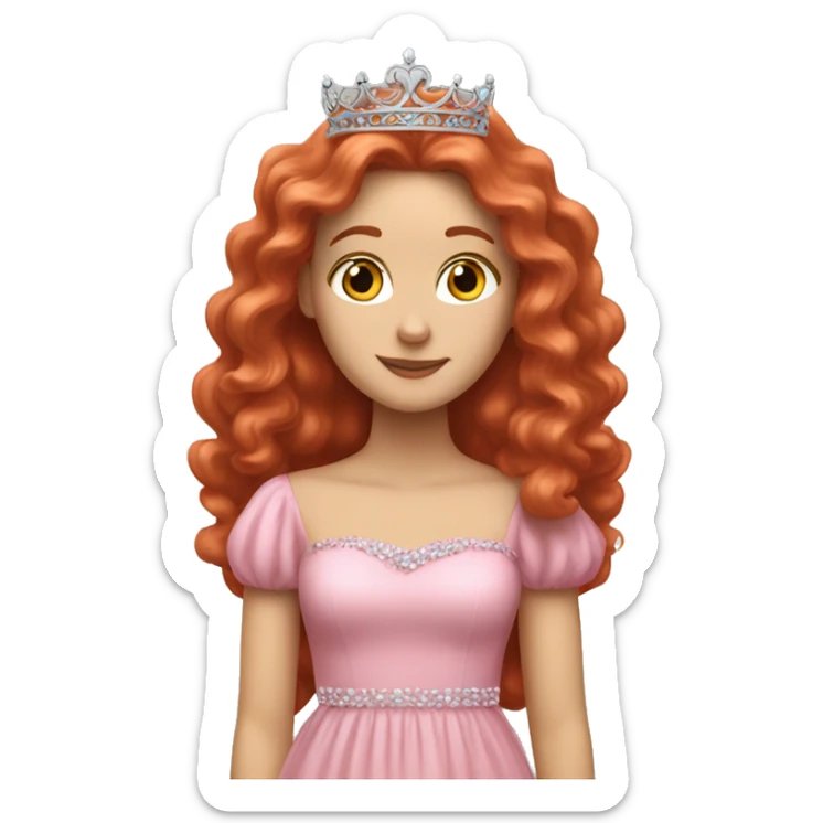 a white girl with long curly red hair with a pink dress and a tiara sticker