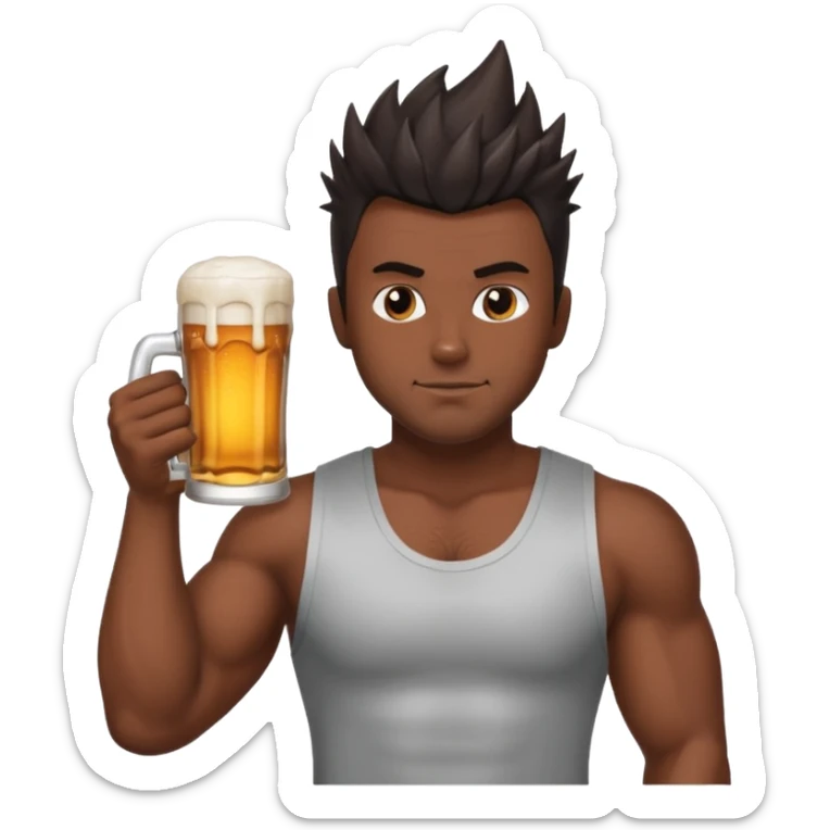 muscled guy in yoga pose, slightly dark skin, spiky dark hair, holding beer sticker