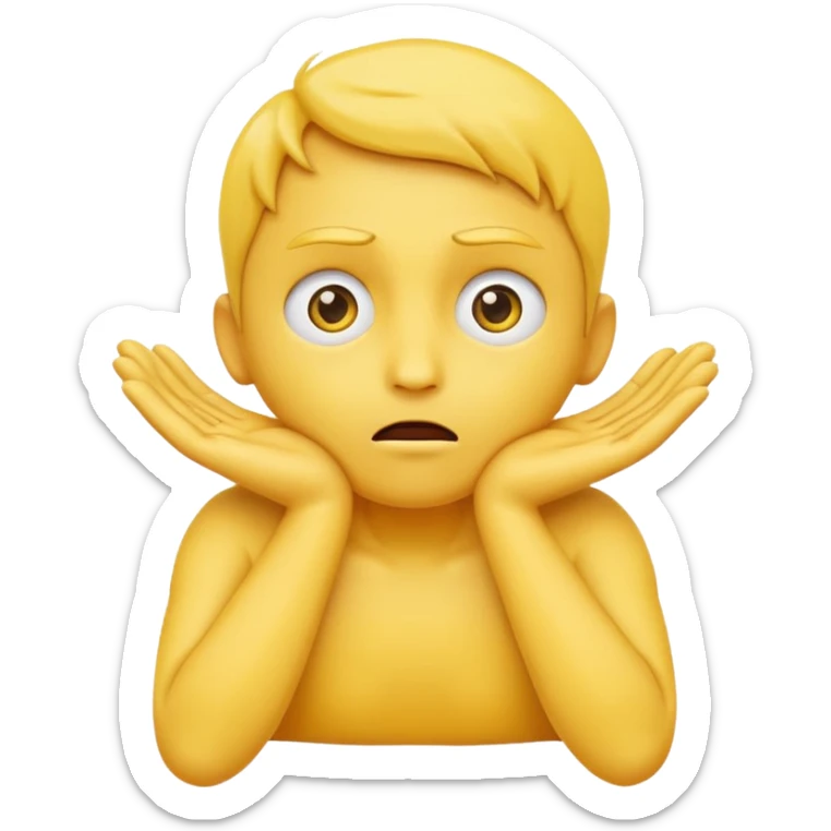 Yellow face emoji strangling itself with 2 arms crossed and hands saround neck and eyes looking up in fear sticker
