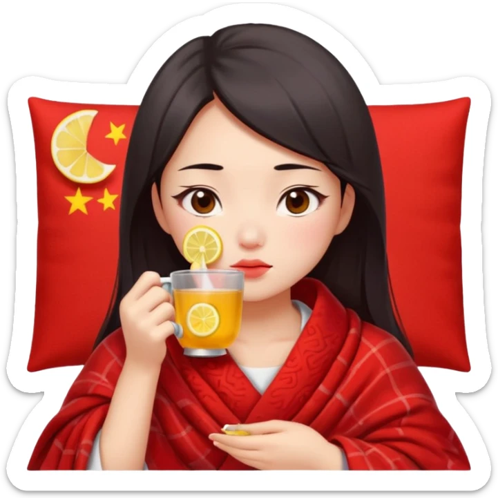 cute and sexy chinese girl, feeling sick up, nose and cheecks red by blush, covered by blanket, drinking tea with lemon sticker