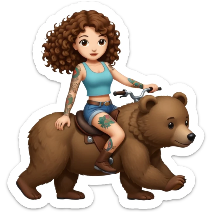 cute woman long curly brown hair tattoos riding bear sticker