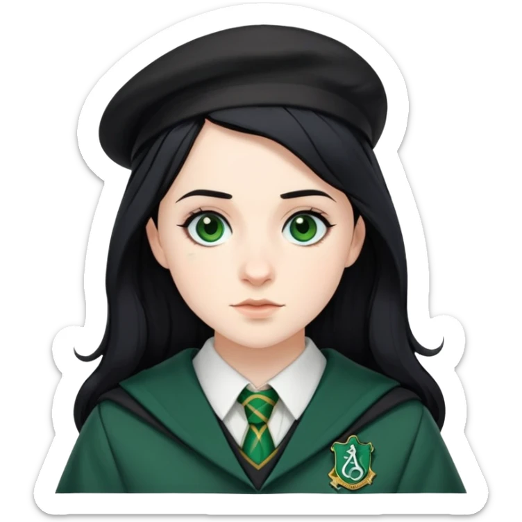 Pansy Parkinson in harry potter, wear hogwarts slytherin uniform, black hair, not wearing hat sticker