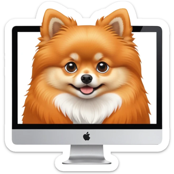iMac monitor with a Pomeranian dog photo displayed on screen sticker