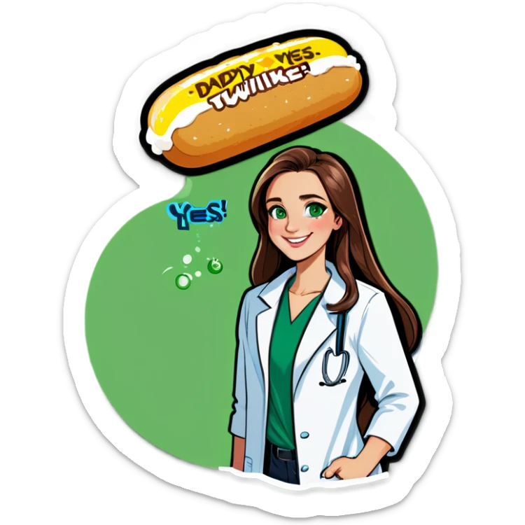 Long brown hair, green eyes, beautiful Scientist with Twinkie cream on her face wearing a lab coat smiling and her T-shirt says daddy yes sticker