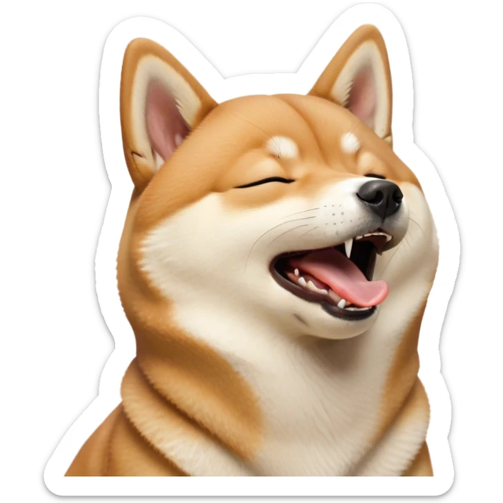 Cinematic Cute Yawning Shiba Inu Portrait Emoji, Head tilted slightly with a dramatic, wide-open yawn, showcasing a vibrant fur with a soft creamy underbelly, floppy ears slightly drooping, round brown eyes barely open in drowsy contentment, Simplified yet irresistibly adorable features, highly detailed, glowing with a soft, cozy glow, high shine, relaxed yet expressive, stylized with a touch of whimsy, bright and endearing, soft glowing outline, capturing the essence of a sleepy yet affectionate companion, so drowsy it feels like it could stretch out of the screen and curl up for a nap! sticker
