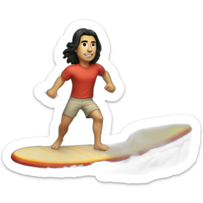 guy with long black hair in short and t-shirt surfing a wave textured like a pizza sticker
