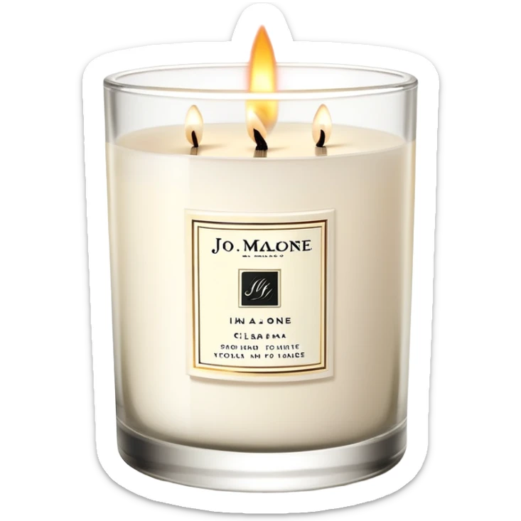 Elegant Jo Malone luxury candle in a clear glass jar with a simple label and a burning flame sticker