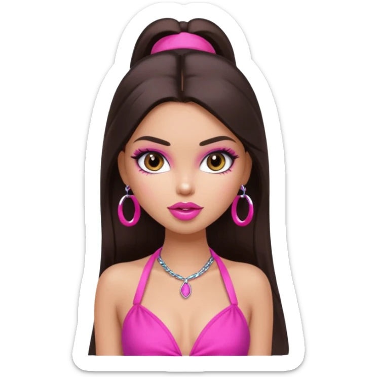 generate a pretty fair bratz girl with dark brown eyes, dark brown hair straight long. Wearing a hot pink halter neck top.  pink lipgloss sticker