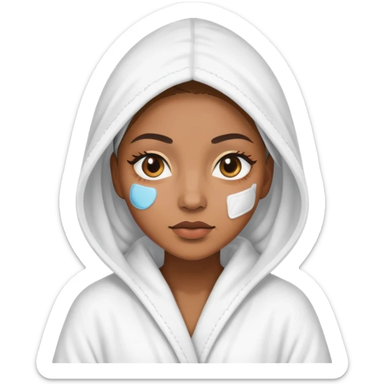 Light brown skin woman wearing hooded bath robe covering her hair and wearing under eye skincare patches sticker