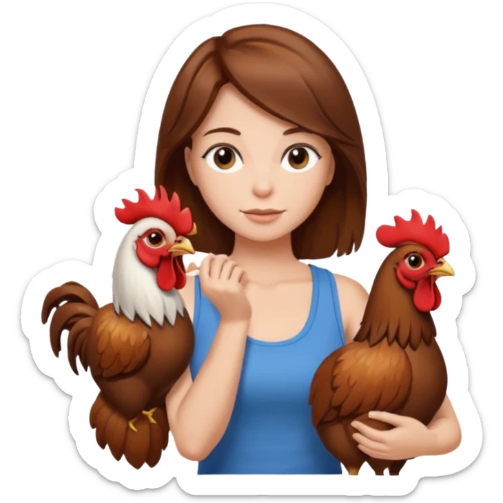 Brown hair very large boob Woman tanki top holding rooster sticker