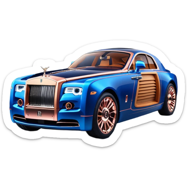 dark blue led lights on a hot rodded delicately inlaid rose gold and wood accentuated sporty 1889 Rolls Royce with futuristic electric spaceship plasma neon glowing motors and dynamos with wide racing wheels that are held strong by advanced suspension and steering sticker