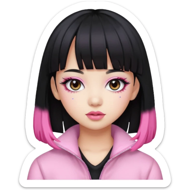 Girl with black hair but pink bangs and has a K-pop global pop star face sticker