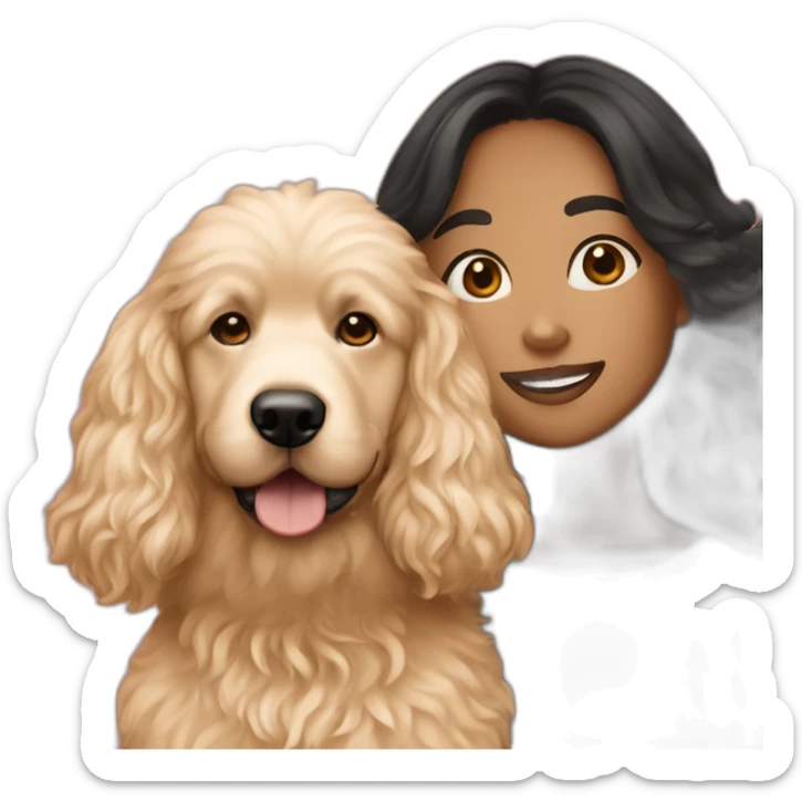 Girl with long black hair and light skin holding red goldendoodle sticker