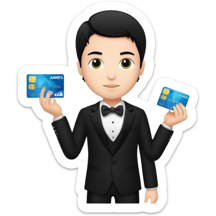make a genmoji of a boy with a an amex card in hand and wearing a tux, black hair sticker