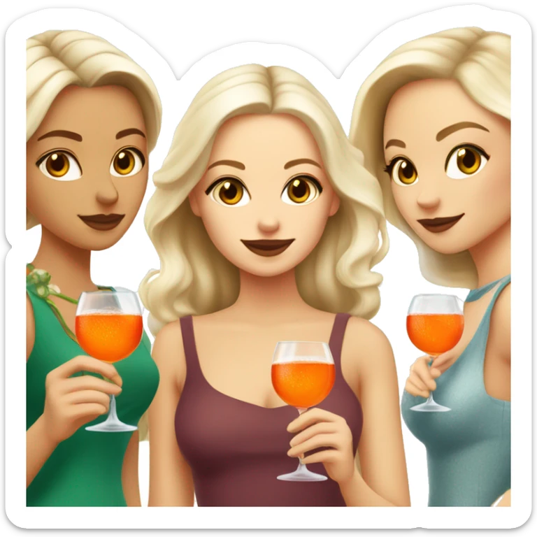 Four beautiful white european girls, one with blond hair and three with dark blond hair in dresses drinking aperol sticker