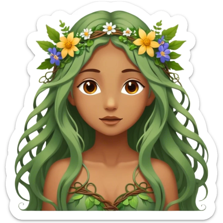 Cinematic Realistic Forest Nymph Fairy Portrait, depicted with lifelike, sun-kissed tanned skin that radiates an earthy glow, softly illuminated by natural, dappled light. Her long, flowing hair is intricately detailed and interwoven with delicate vines and wildflowers, while her deep, soulful eyes mirror the wisdom of the forest. Dressed in an attire inspired by nature’s palette—with subtle botanical motifs—the portrait exudes a soft, enchanted glow that melds realism with woodland magic. sticker