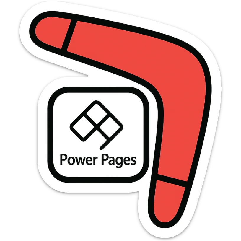 icon of a boomerang and Power Pages logo combined, outlined, playful, red and white, clean sticker