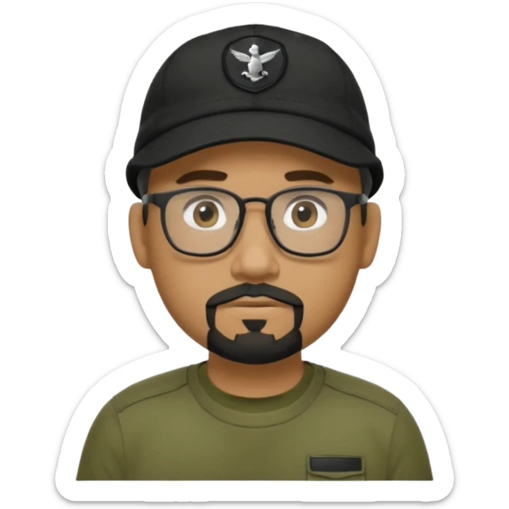 hombre trigueño , barba candado negra y blanca, anteojos, gorra negra , remera tactica verde oliva sticker