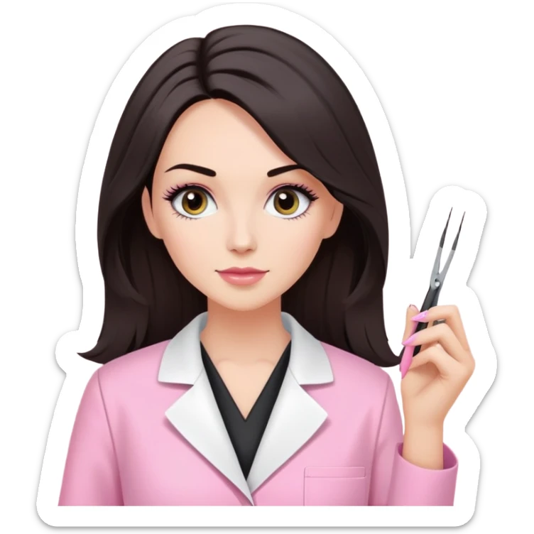 Mulher branca de cabelos pretos na altura dos ombros, vestindo jaleco rosa e segurando uma pinça de extensão de cílios sticker