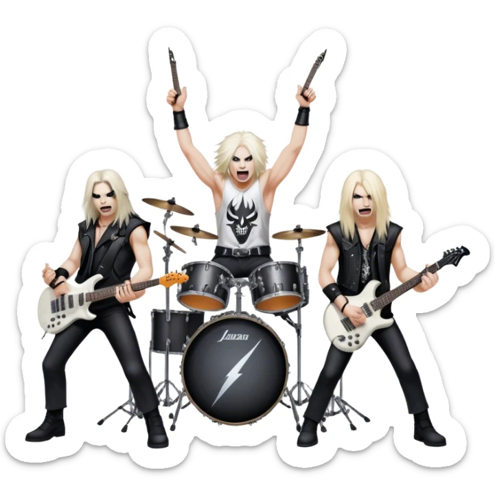 Icon for Heavy Metal Music: 4 men band on stage with electric guitars, drums and intense lighting. 4 Musicians headbanging, surrounded by energy and stage effects, capturing the power and intensity of a metal concert. Transparent background. sticker
