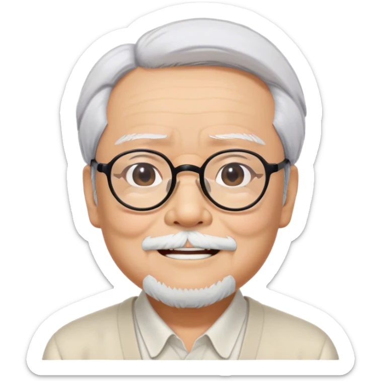 ​Cinematic Realistic Portrait of Hayao Miyazaki, depicted with defined black eyebrows, and large rectangular glasses, his happy expression rendered in lifelike detail, illuminated with soft, realistic lighting that emphasizes his creative genius, sticker