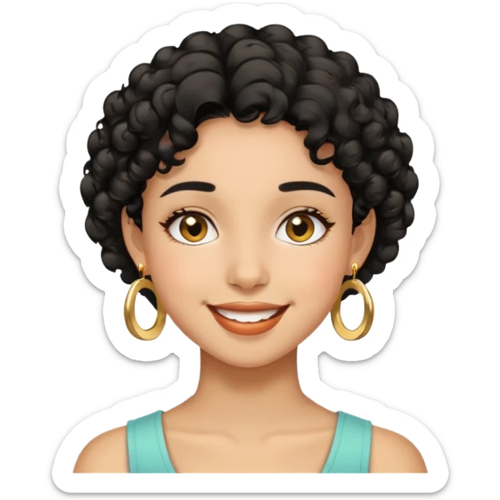 Girl showing happiness, medium skin tone, short curly black hair, gold earrings Minimal emoji showing happiness, medium skin tone, short curly black hair, gold earrings sticker