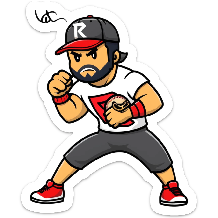 Razor Ramon from Sega WWF Mania video game in his signature pose defeating a cat in a baseball cap sticker
