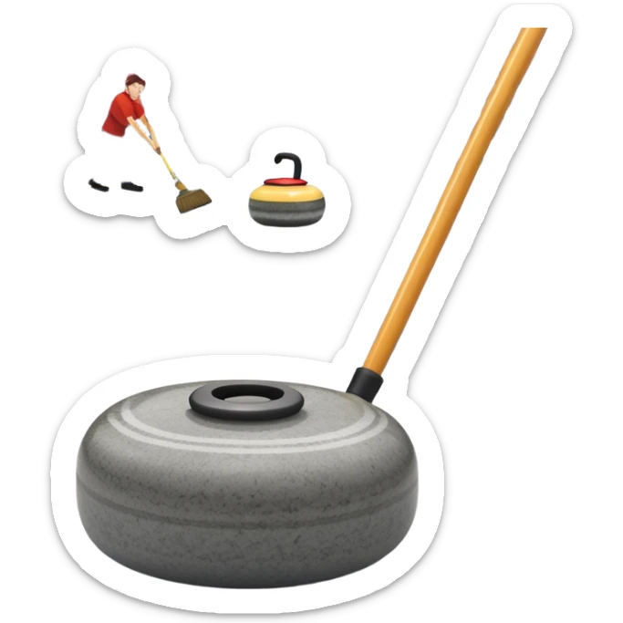 An icon showing a detailed close-up of a curling stone sliding across the ice, with a broom in motion beside it. The background features an indoor stadium with cheering spectators on the stands. Transparent background captures the strategy and focus of curling. sticker