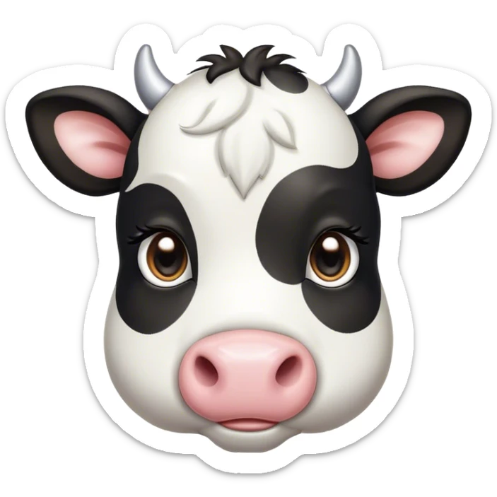 Cinematic Cute Black and White Cow Portrait Emoji, Head tilted playfully and inquisitively, featuring a glossy, contrasting coat of black and white, round, sparkling brown eyes filled with gentle curiosity, Simplified yet irresistibly adorable features, highly detailed, glowing with a warm, friendly glow, high shine, affectionate and serene, stylized with a touch of contemporary charm, bright and endearing, soft glowing outline, capturing the essence of a mischievous yet loving cow, so playful it feels like it could moo out of the screen and into your arms! sticker