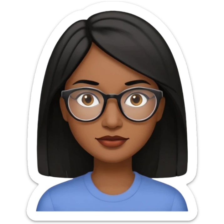 A 35 years old  woman emoji with medium-dark skin, straight shoulder-length black hair parted to the side, an oval-shaped face, arched dark eyebrows, large brown eyes with glasses, a small nose, and natural-toned lips. sticker