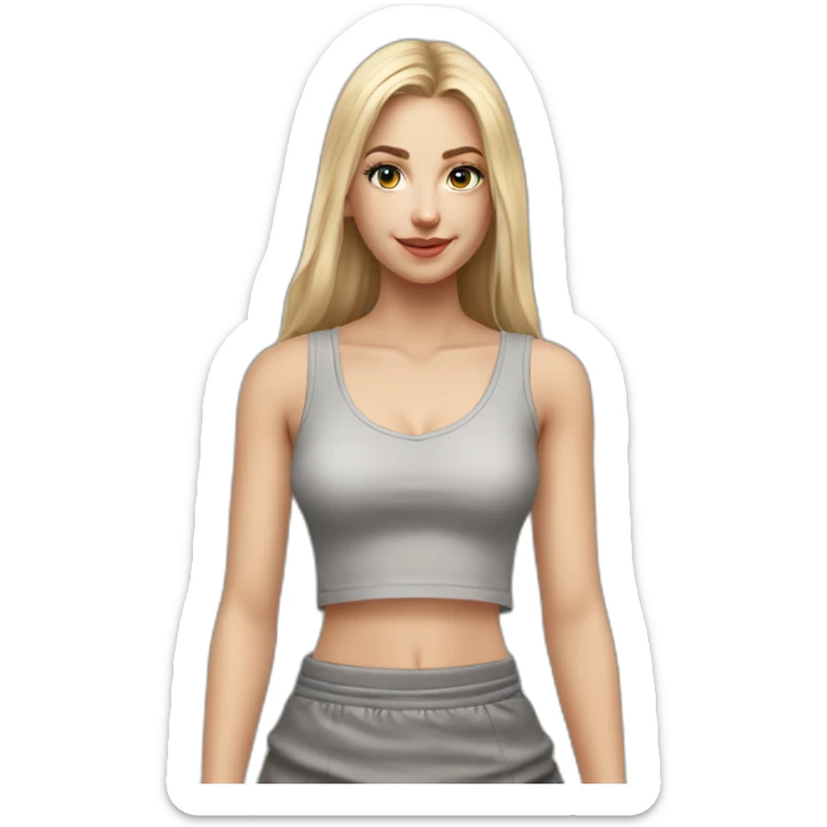 hyperrealist caucasian girl, long straight blonde hair, v-neck laced crop tanktop, grey tight mini skirt sticker