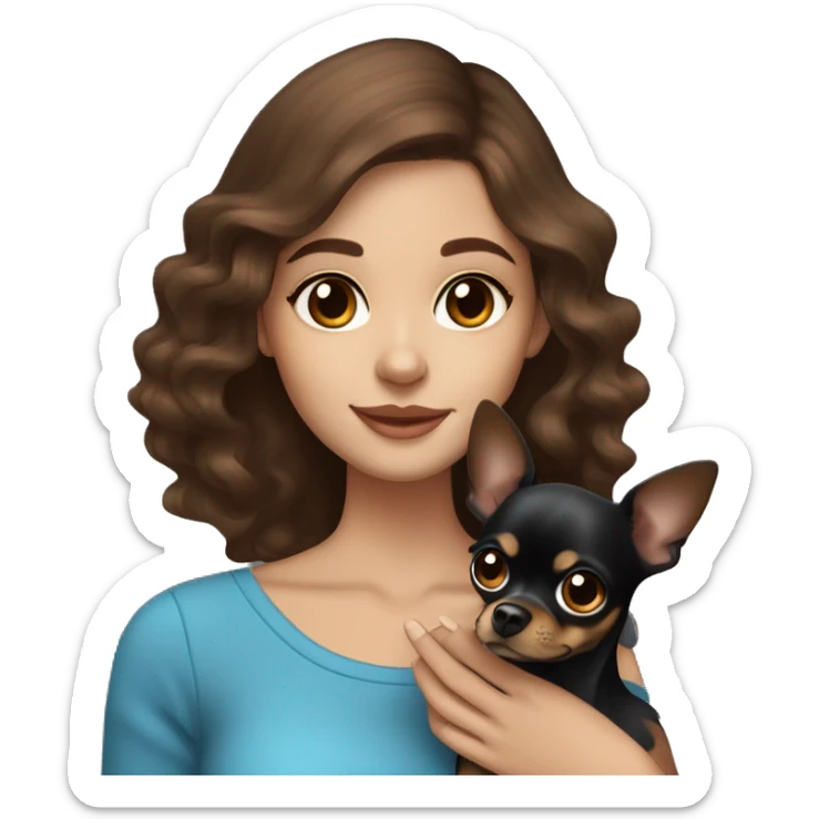 Pretty girl with long wavy brown hair, blue eyes, holding a black and brown short hair chihuahua sticker