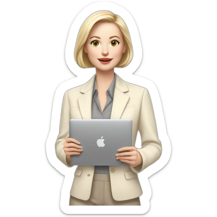 pale skin woman with ash blonde Straightened bob Hair, White Spacious classical jacket, beige palazzo Arrow pants and gray blouse holding a MacBook in the hands sticker