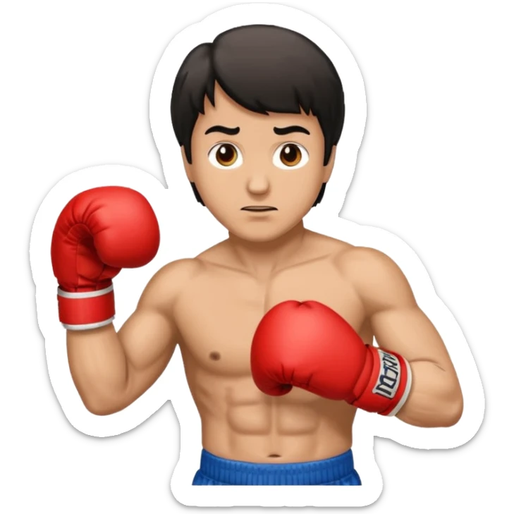 Rocky Balboa emoji, boxing stance, iconic hair, red gloves, friendly and expressive sticker