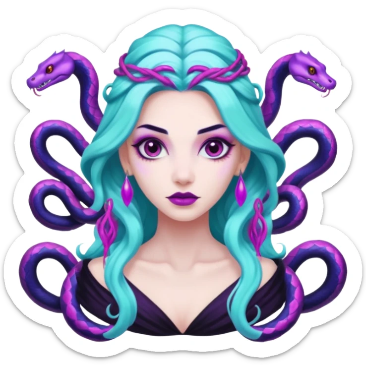 Beautiful Queen Hydra sea witch with seven snake heads, with the colors of cyan, hot pink, purple, white, and black sticker