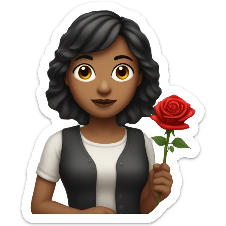 A women named rose, with dark hair bangs and holding a red red rose in one hand sticker