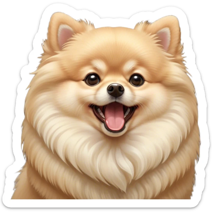 Cinematic Cute Yawning Cream Pomeranian Portrait Emoji, Head tilted slightly with a dramatic, wide-open yawn, showcasing a soft, fluffy cream Fur with gentle highlights, floppy ears slightly drooping, round dark eyes barely open in drowsy contentment, Simplified yet irresistibly adorable features, highly detailed, glowing with a soft, cozy glow, high shine, relaxed yet expressive, stylized with a touch of whimsy, bright and endearing, soft glowing outline, capturing the essence of a sleepy yet affectionate companion, so drowsy it feels like it could stretch right out of the screen and curl up for a nap! sticker