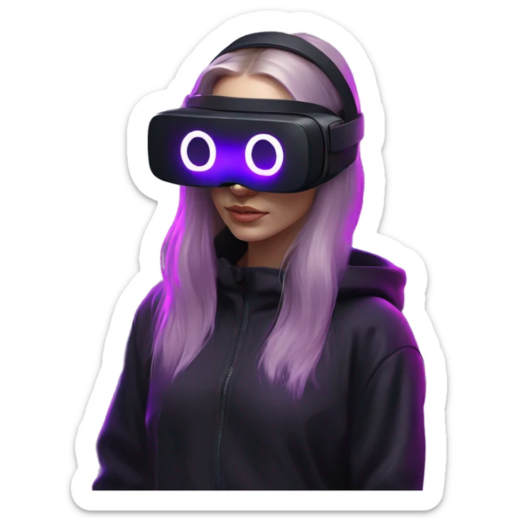 Russian girl wearing black hoody with violet letters "OMG", in vr headset oculus quest2. No eyes on headset. Cyberpunk style. Violet neon. sticker