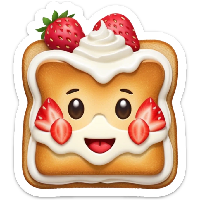 emoji illustration of a square toast topped with fluffy white cream, decorated with a strawberry bow made from two strawberry halves and a small sliced center, bright red and glossy, Clean soft shading, kawaii emoji style, centered object, no plate, no background, high detail, pastel tone sticker
