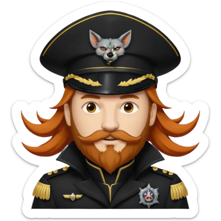 An auburn-hair'ed admiral with a flawless bear and mustache wearing a black admiral outfit and hat with Wolf Ears coming out of the hat, and 9 tails behind him, with the admiral black shirt featuring on the left breast pocket the insignia of Helldivers 2. sticker