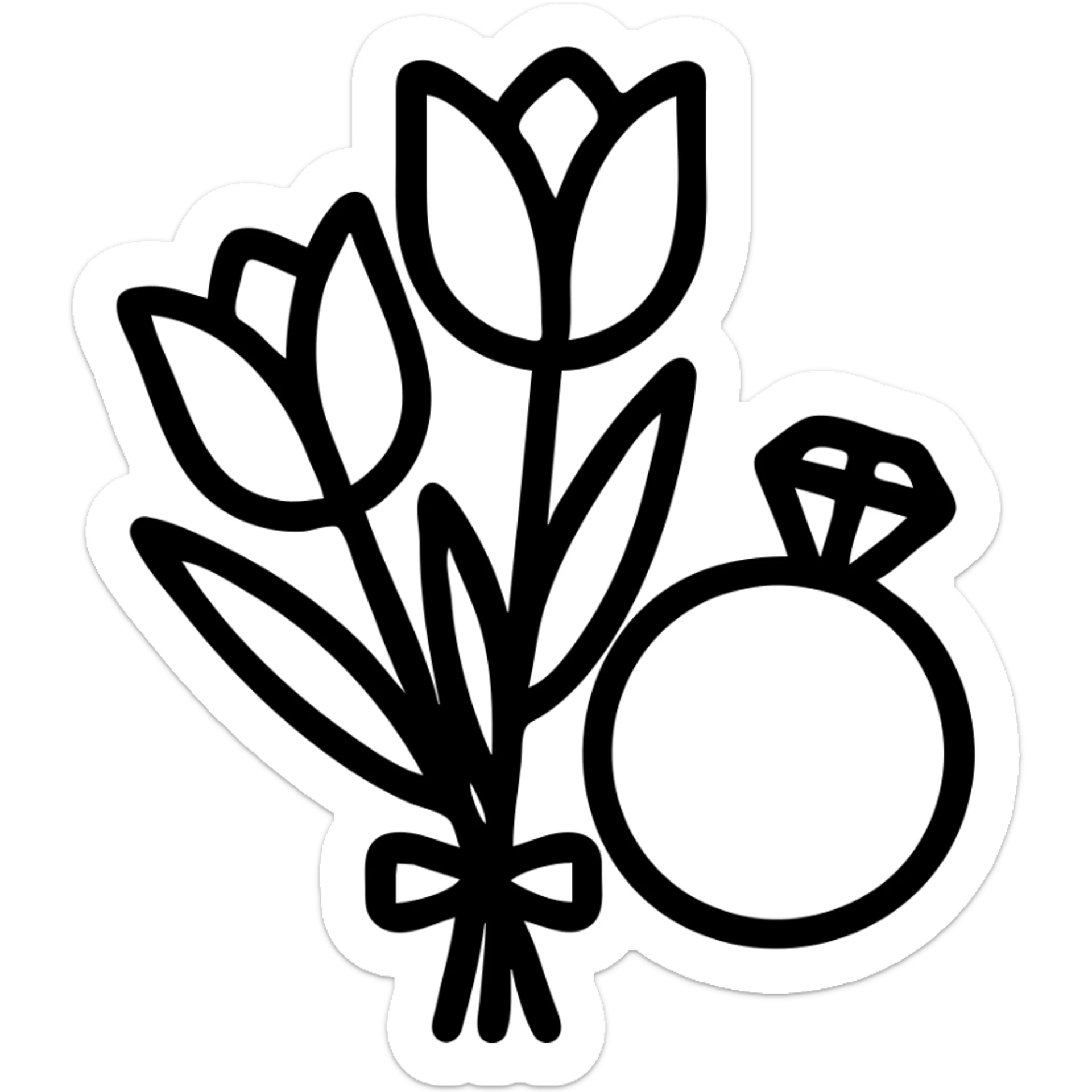 minimalist icon representing a bouquet of pink tulips and a ring, soft colors, transparent background sticker