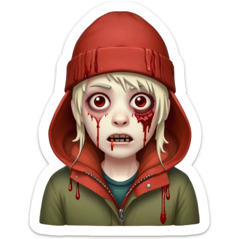 Local alaskan who has turned it zombies in the style of the walking dead, with rotting flesh and dripping blood but distinctively Alaskan. In the style of your bleeding skull art but Alaskan zombie. sticker